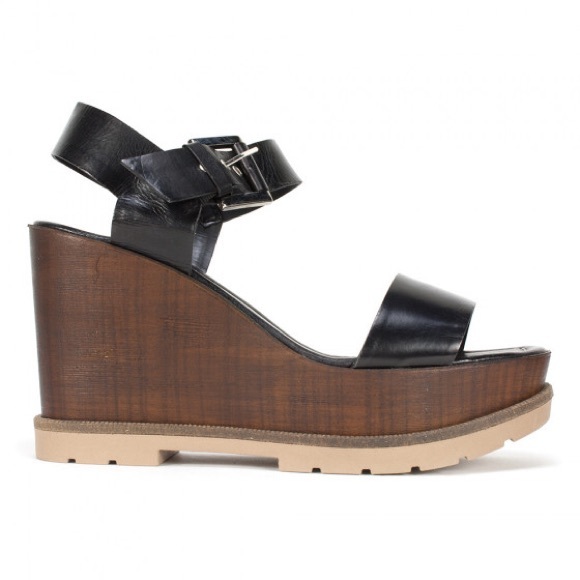 Black Italian Leather Wooden Platform Wedge Sandal - Picture 4 of 6